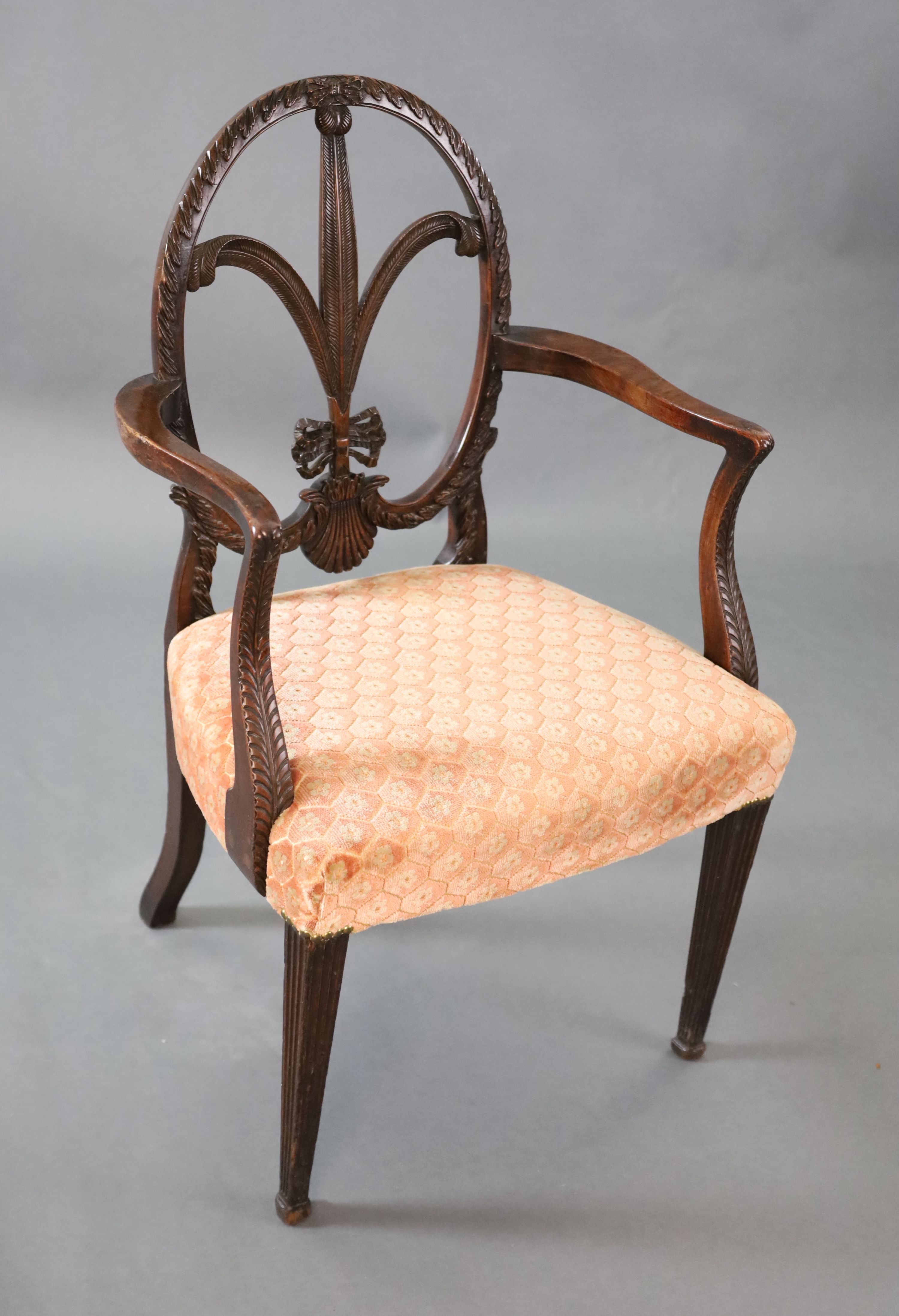 A George III Hepplewhite style mahogany elbow chair, W.1ft 10in. D.1ft 8in. H.3ft 1in.